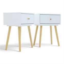 Contemporary pair of white single drawer bedsides, raised on tapering light wood supports
