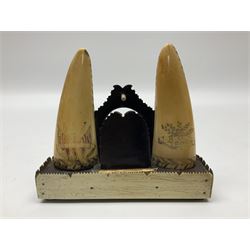 19th century scrimshaw pocket watch stand with two sperm whales teeth and central baleen watch holder; etched for the sailing ship 'Emma' at Warren Rhode Island and dated 1852, H14cm Notes: Warren was an active whaling port from the mid 18th century and became the leading whaling port of Rhode Island in the early 19th century, sending on average twenty whalers per year. The last whaler departed from Warren in 1865, following the decline of the whaling industry. 