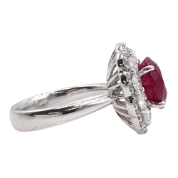 18ct white gold oval ruby and round brilliant cut diamond cluster ring, stamped 750, ruby 3.94 carat, total diamond weight 1.56 carat, with certificate