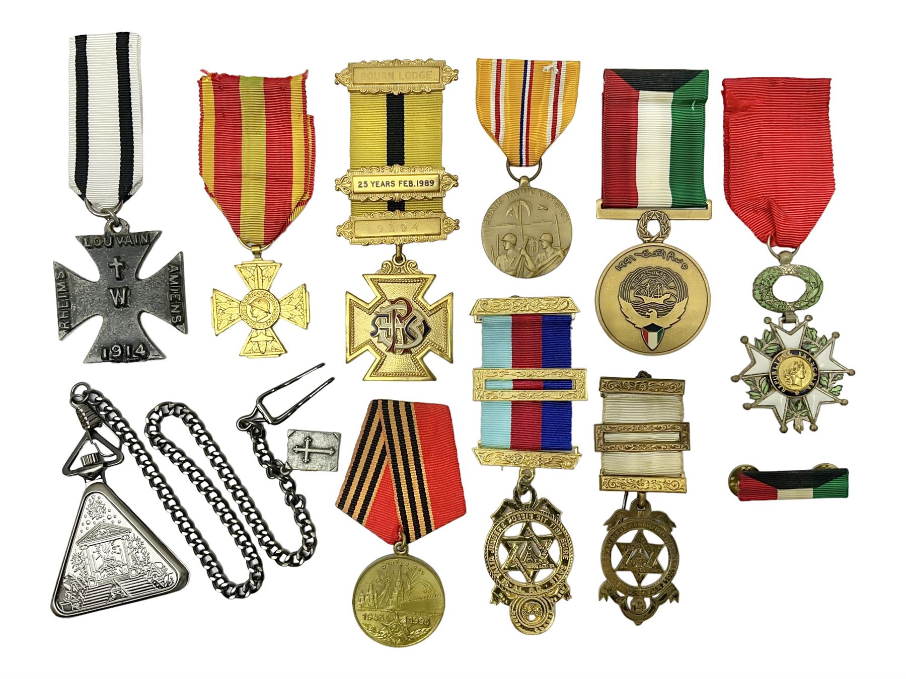 RAOB jewel Bourn Lodge 9394 with 25 years bar; two masonic jewels and triangular pendant watch; British Iron Cross style propaganda medallion; French Legion of Honour and Combatants Cross; and three foreign medals
