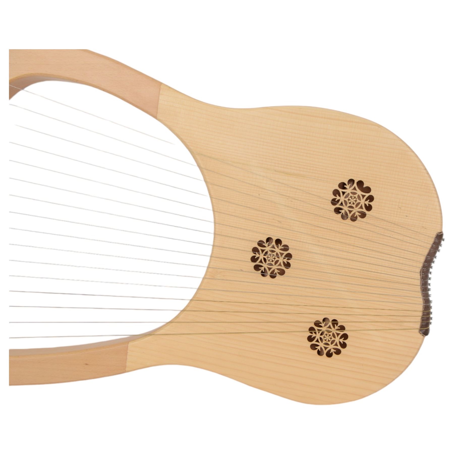 Contemporary - 16 string lyre harp with a beech and ash frame, steel strings and plated tuning pins, with decorative fretwork to the soundboard.