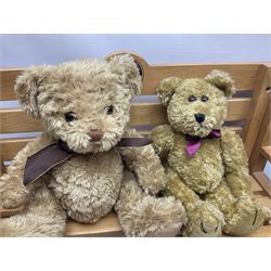 Charlie Bears bench, H41.5cm L58.5cm D29.5cm, and two Charlie Bears deck chairs, each approximately H37cm, together with a limited edition Silver Tag Bear, Logan Bear, 226/1,500, with tag, and two further bears, (6)