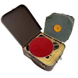 Small manual gramophone in crocodile effect case, L19cm, and vinyl record