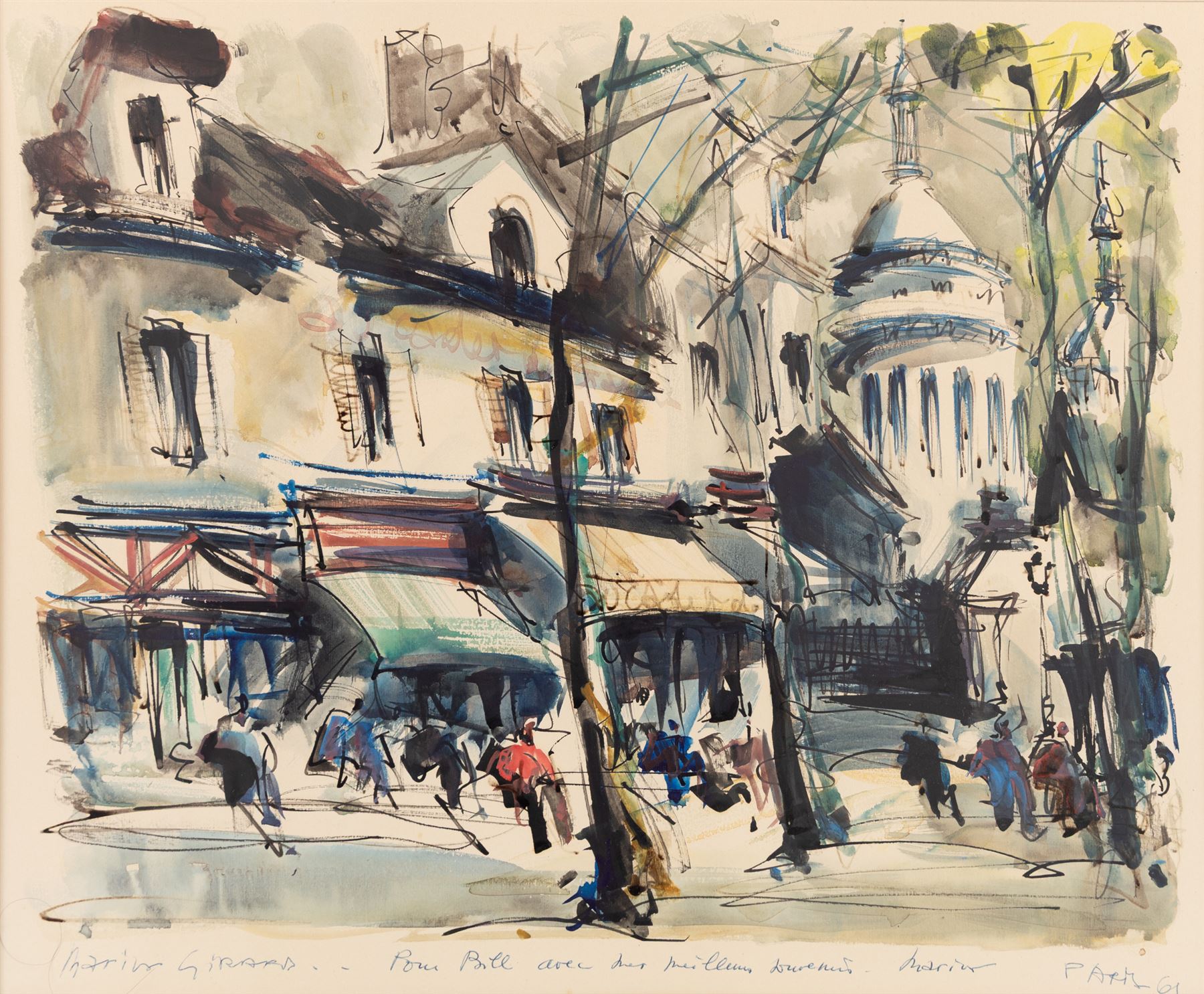Maurice Girard (French 20th Century): French Street Scene, watercolour signed, with inscription 'Pour Bebe-', 35cm x 43cm 
