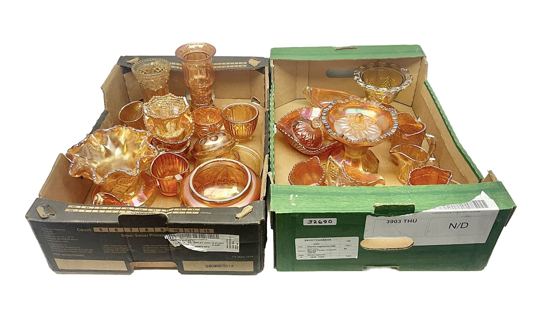 Collection of orange carnival glass, including jugs, dishes, vases etc, in two boxes 