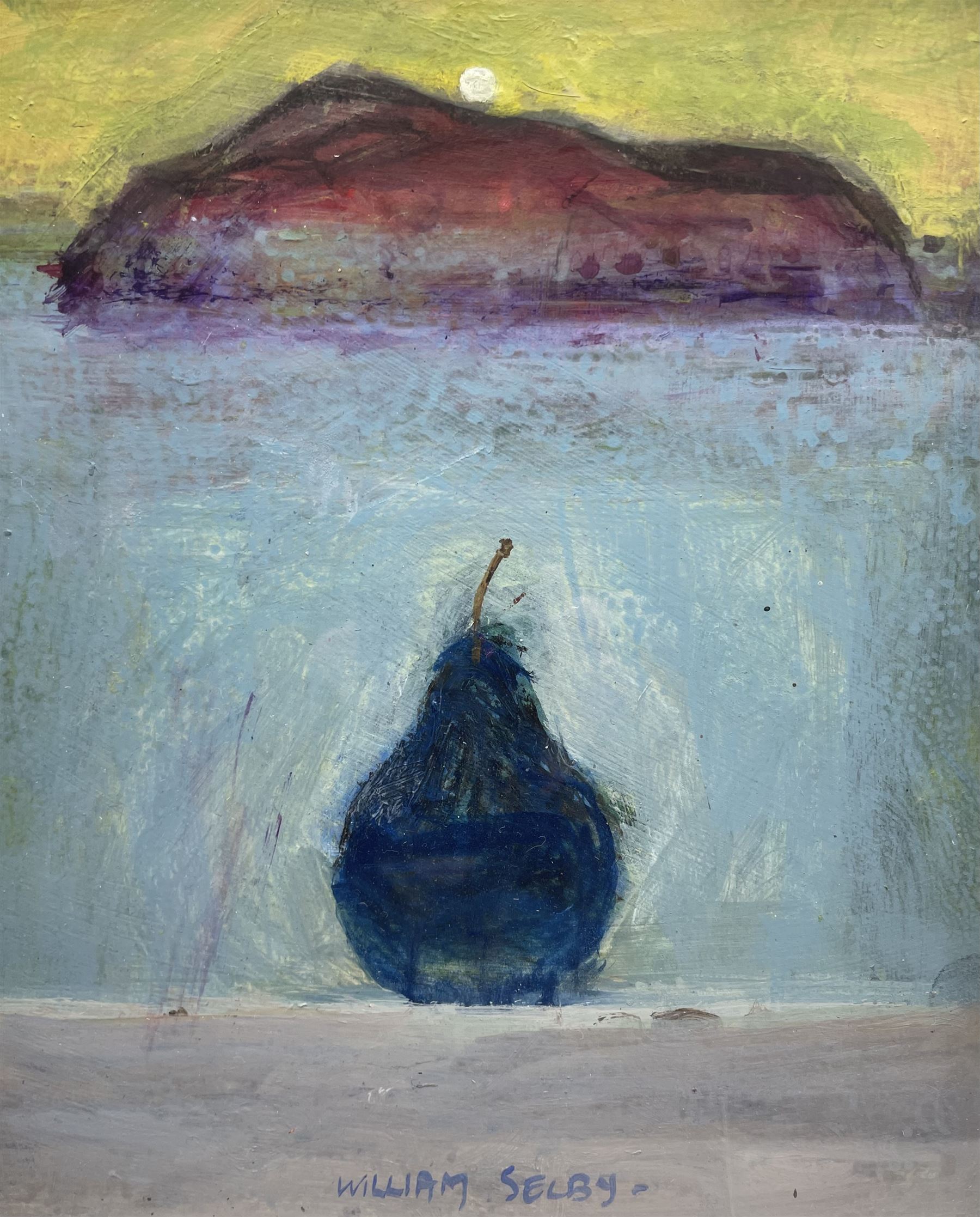 William Selby (Northern British 1933-): 'Blue Pear', mixed media on board signed, titled verso with artist's Brixham address label and Artist's Stock No.1312, 23cm x 18cm