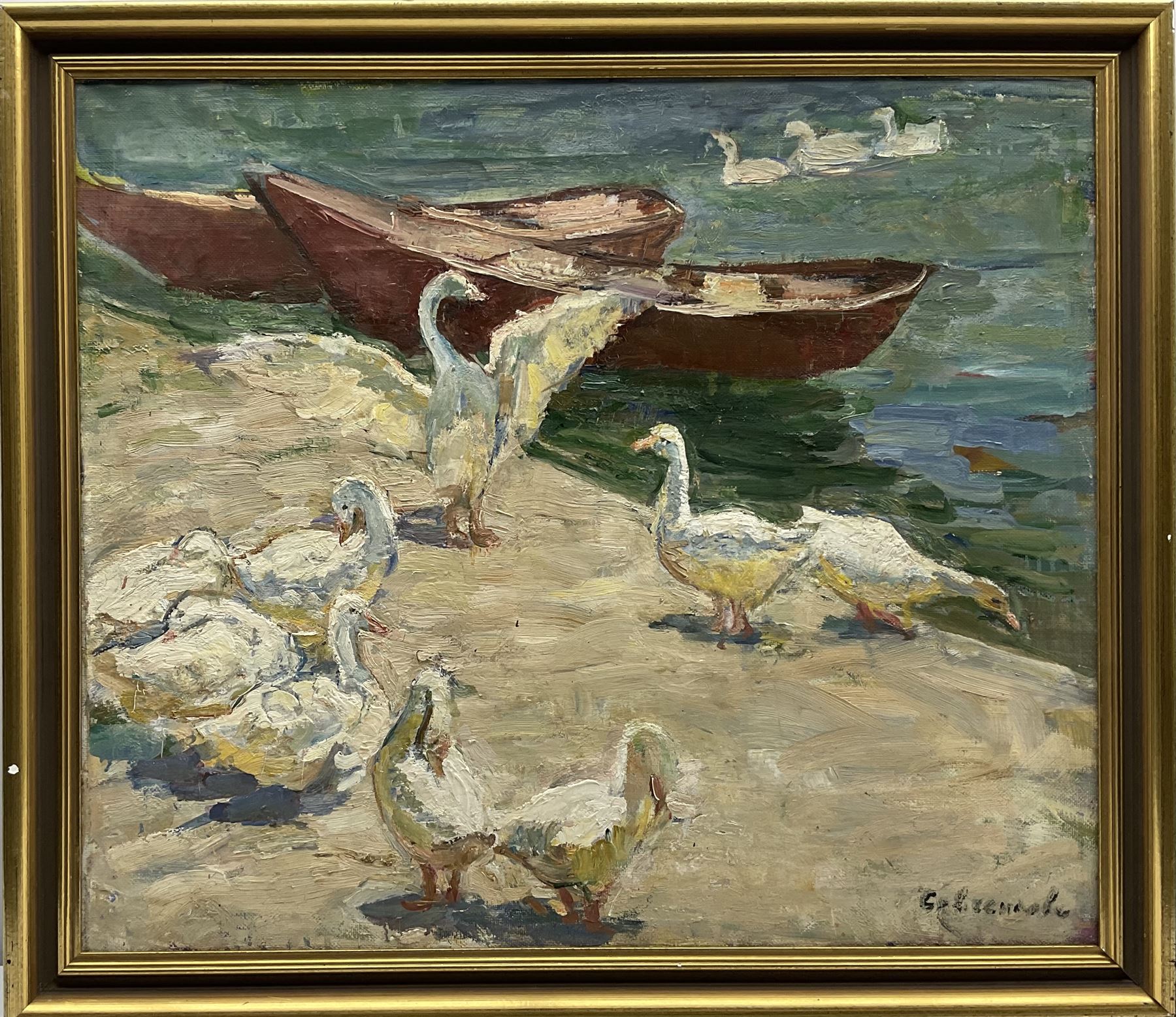 Maria Vladimirovna Savchenkova (Russian 1917-2015): 'Geese' on the Quayside, oil on canvas signed, titled and inscribed verso 59cm x 69cm