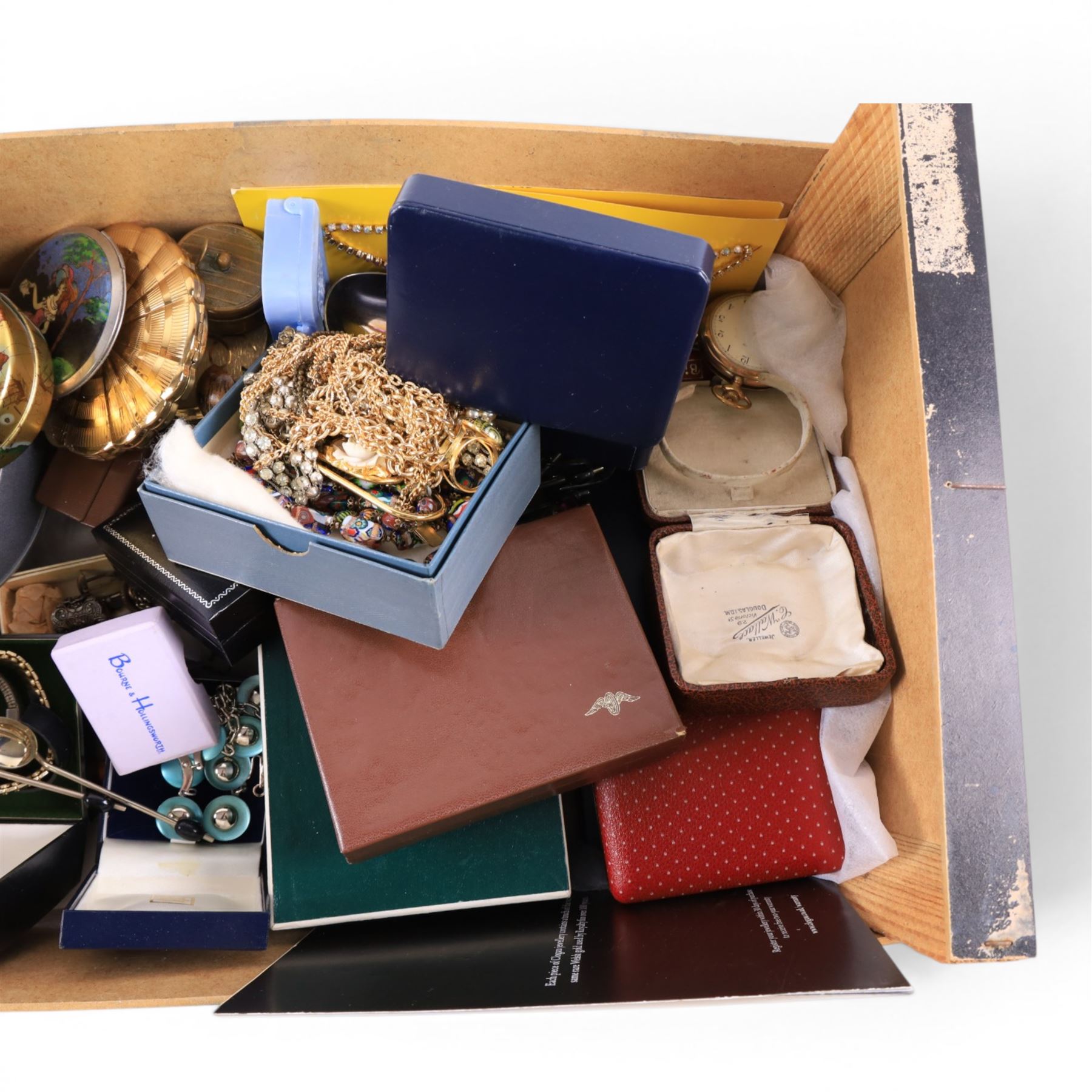 Silver Clogau ring, gold plated Elgin pocket watch, Kigu compact mirror, butterfly wing compact mirror, silver plated cutlery, costume jewellery and wristwatches