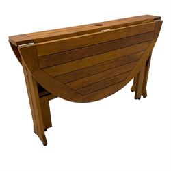 Teak slatted garden table, circular drop-leaf top (D120xm, H76cm); set of four teak slatted garden folding chairs  - THIS LOT IS TO BE COLLECTED BY APPOINTMENT FROM DUGGLEBY STORAGE, GREAT HILL, EASTFIELD, SCARBOROUGH, YO11 3TX