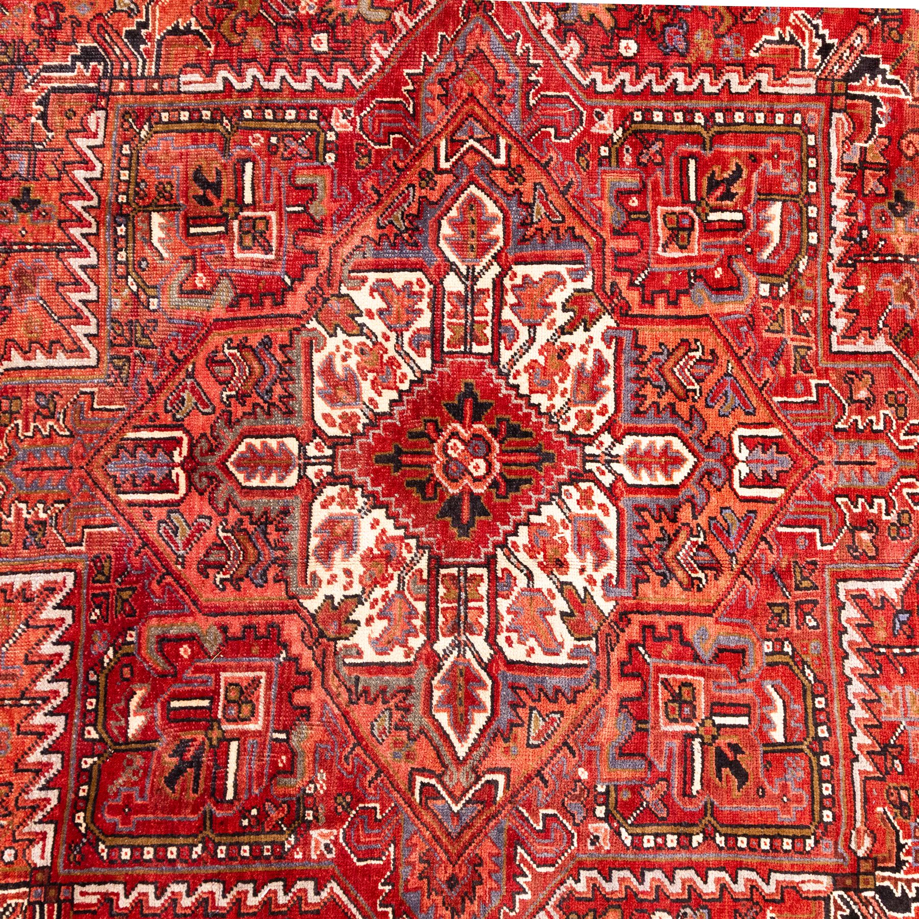 North West Persian Heriz hand-knotted carpet, madder red field, with a large central angular star medallion with stepped outlines on ivory ground, surrounded by geometric floral devices and stylized rosettes, with corresponding corner spandrels, enclosed by a bold geometric main border with multiple guard stripes, with cotton fringe ends 