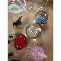 Collection of glassware, including two Caithness paperweights, Langham robin paperweight, Murano bell, etc
