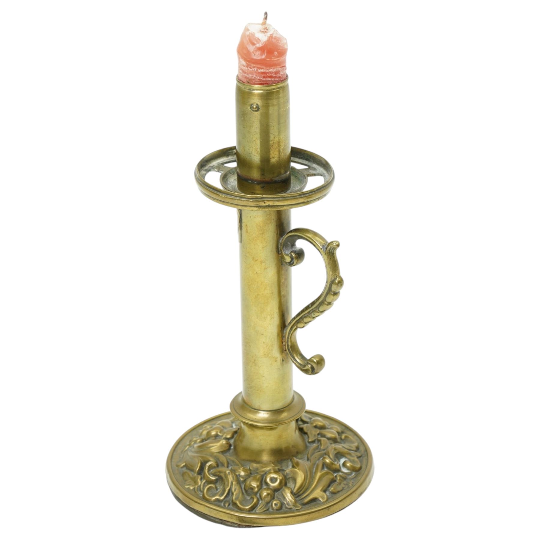Cane handle in the form of a mongoose and snake, brass oil chamber stick, another and a copper panel decorated in relief with cherubs and a goat 20cm x 32cm