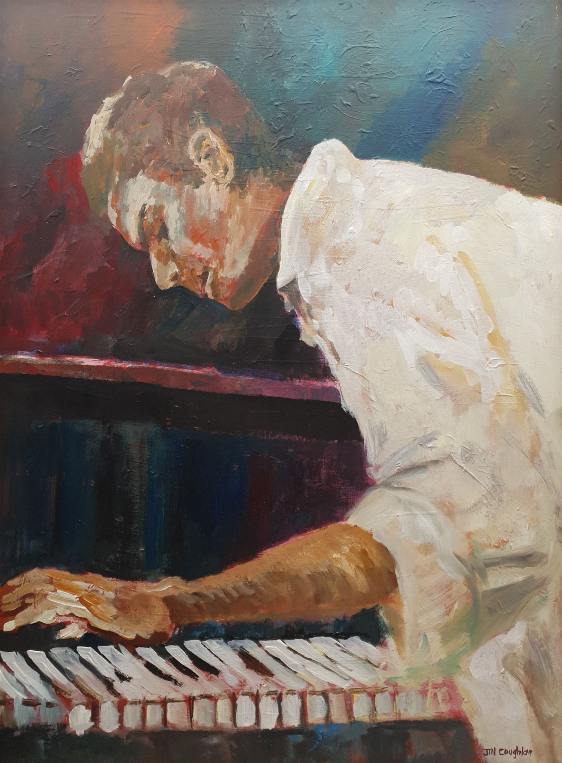 Jill Coughlan (British Contemporary): The Pianist, oil on board signed 75cm x 55cm