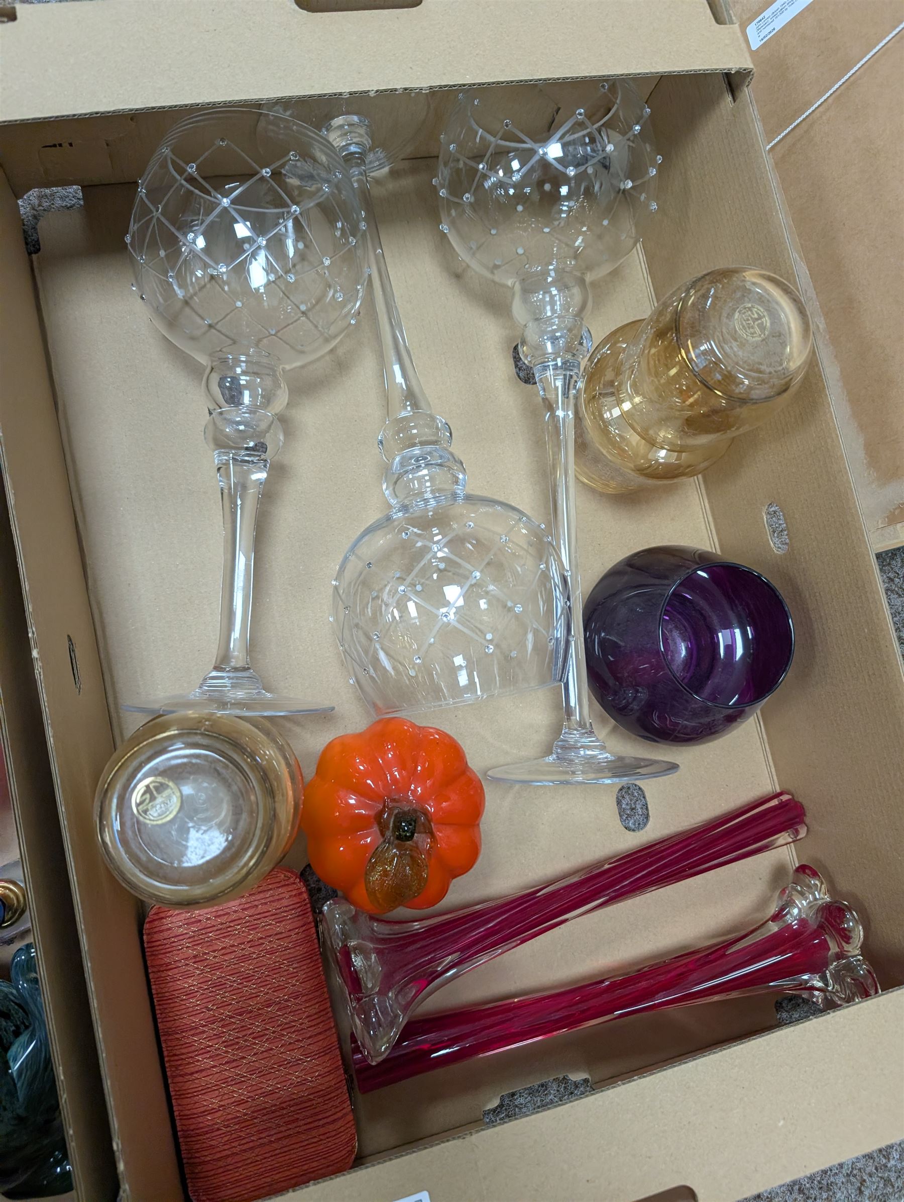 Collection of Art glass, including Langham Frog, apple and corn models, Murano style swan and vases, etc, in three boxes