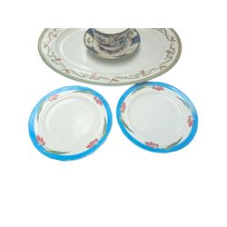 Large Furnival meat platter, the ribbon border decorated with swallows and flowers, two cabinet plates, with printed and painted floral decoration on a turquoise border, with Minton backstamp and a Bisto oversized cup and saucer