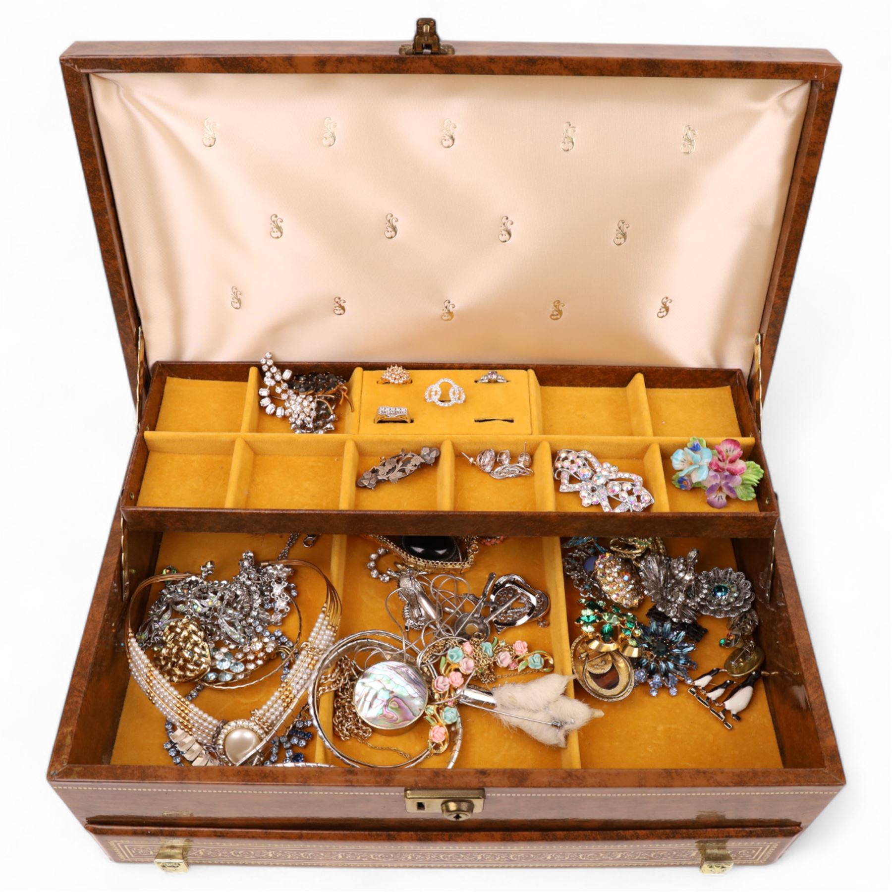 Silver jewellery, including brooch and earrings, together with a large collection of costume jewellery, including beaded necklaces, brooches, earrings, etc with leatherette jewellery box