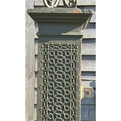 Impressive pair of 19th century cast iron gate piers by Coalbrookdale, each with a later lantern surmount on scrolled mount, above columns with blind fret strapwork decoration, on square section bases. Overall H350cm, Height excluding lanterns 220cm.  - COLLECTION BY APPOINTMENT FROM: The White House, Thirsk Road, Easingwold, York, YO61 3NF - CALL 01723 507111 TO ARRANGE