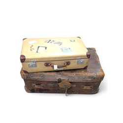 Large leather travelling trunk, together with a vintage suitcase