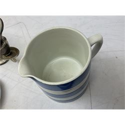 T.G Green Cornishware jug H10cm, and two lidded jars, together with two oriental teacups and saucers, silver plated two-branch, three-light candelabra and pair of pewter cups