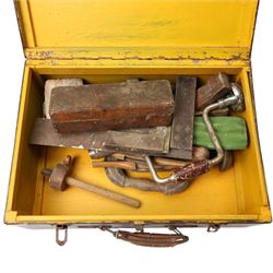 HMV wind up gramophone in oak case and a tool box and contents