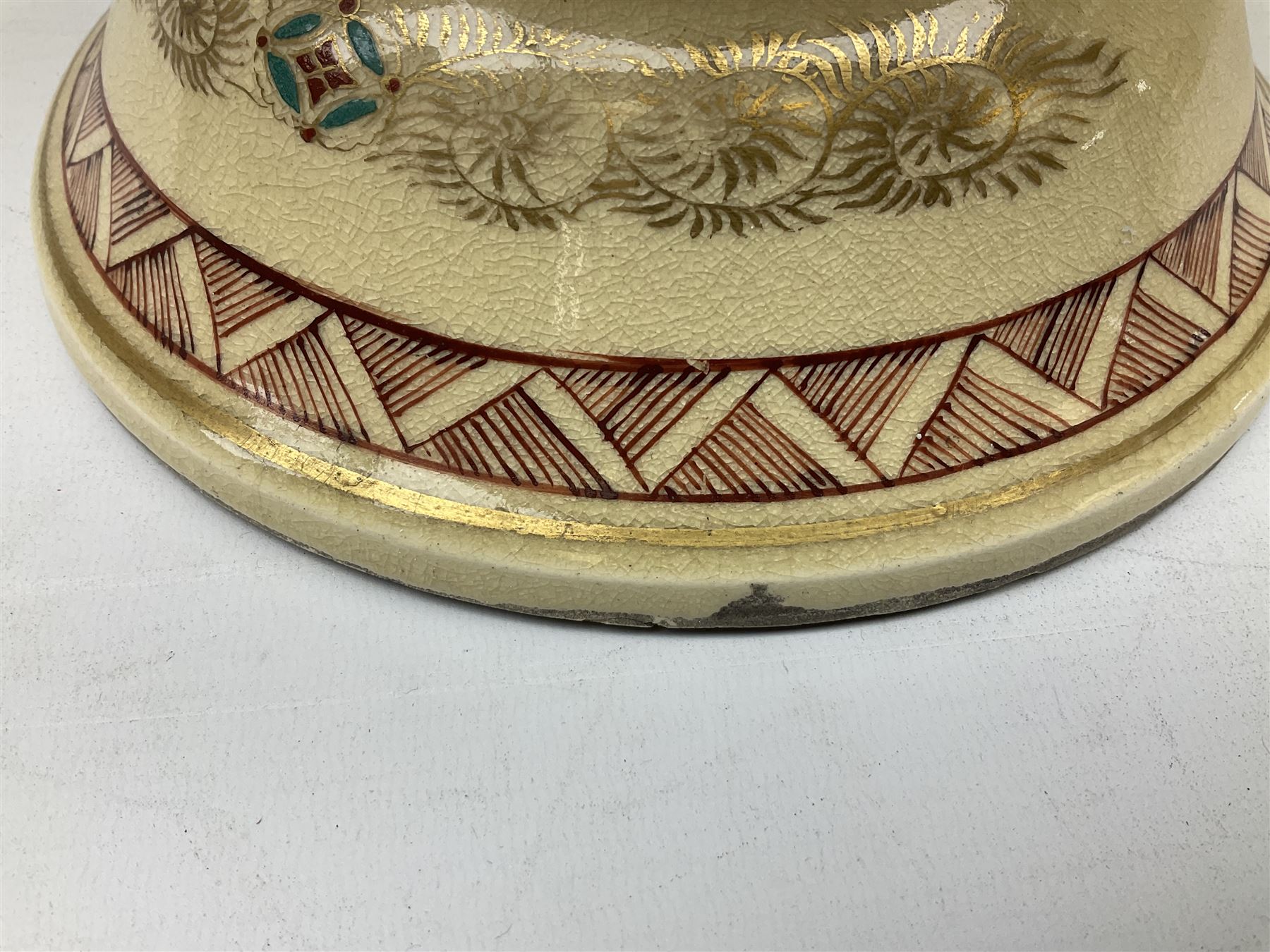 Pair early 20th Century Japanese floor vases of ovoid form, painted with warriors and elders within geometric designs and gilding, H61cm