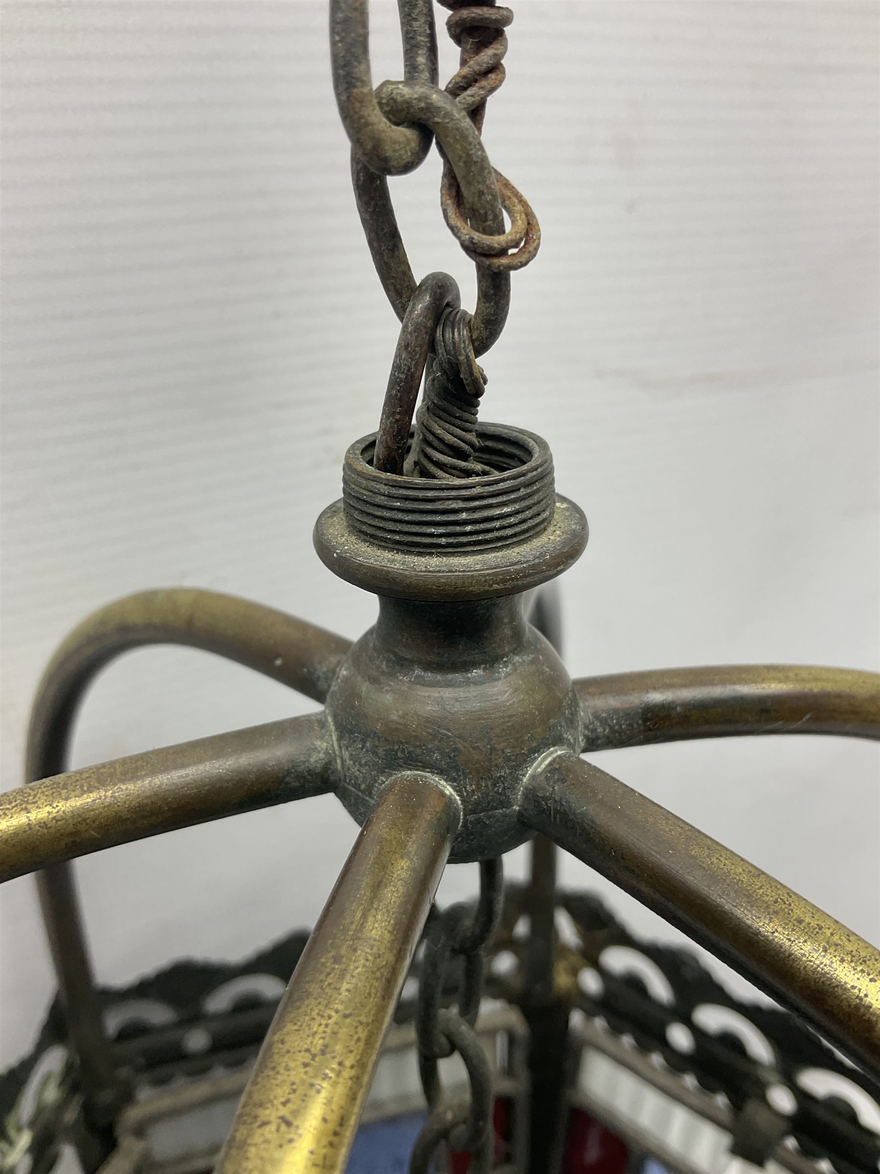 Victorian brass and stained leaded glass hall lantern, of hexagonal form, supported by four domed arms and pierced fret, H46cm W20cm