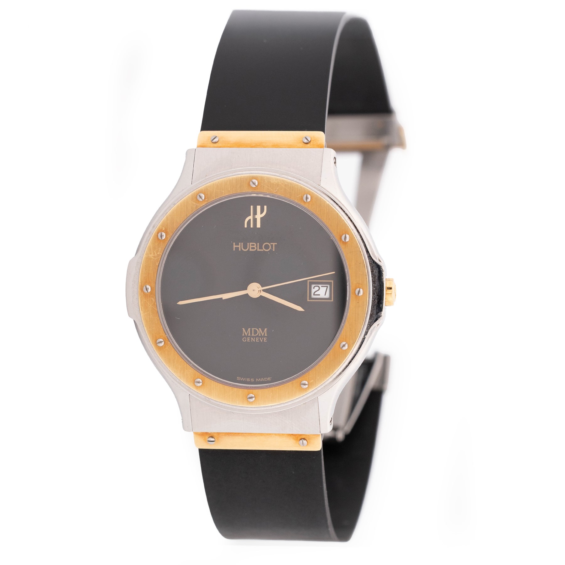 Hublot MDM Classic gentleman's 18ct gold and stainless steel quartz wristwatch, Ref. 1523.2, black dial with date aperture, on rubber strap with fold-over clasp, boxed with guarantee card dated 2004