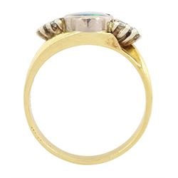 18ct gold opal and diamond ring, single oval cut opal, with three round brilliant cut diamonds set either side, stamped 750, total diamond weight approx 0.20 carat