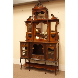  Late Victorian mirror back side cabinet, shell carved pediment above four bevelled glass panels, turned supports, reverse break front, three drawers, two cupboards, cabriole supports connected by shaped undertier, W139cm, H240cm, D42cm  