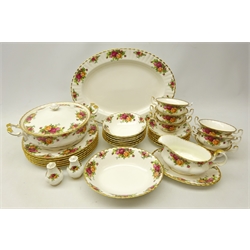  Royal Albert 'Old Country Roses' dinner ware comprising six dinner plates, six soup bowls and saucers, tureen and cover, oval platter, serving dish, six dessert bowls and gravy boat & saucer   