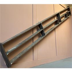 Large teak science lab wall hanging shelf of A-symmetrical form, mid 20th century. L412cm, H50cm, D13cm.  - COLLECTION BY APPOINTMENT FROM: The White House, Thirsk Road, Easingwold, York, YO61 3NF - CALL 01723 507111 TO ARRANGE