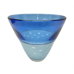 Stuart Akroyd Glass Vase, blue banded top and clear lower section with bubble inclusions, engraved signature and sticker beneath, H15cm