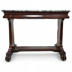 19th century mahogany side table, moulded rectangular top with simulated marble finish, ogee moulded frieze fitted with two drawers, rectangular and supports on scroll carved feet united by flat stretcher 