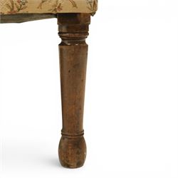 George II mahogany framed settee, beige foliate upholstery with padded sides, downswept arms with sprung seat and back, raised on six turned supports