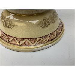 Pair early 20th Century Japanese floor vases of ovoid form, painted with warriors and elders within geometric designs and gilding, H61cm