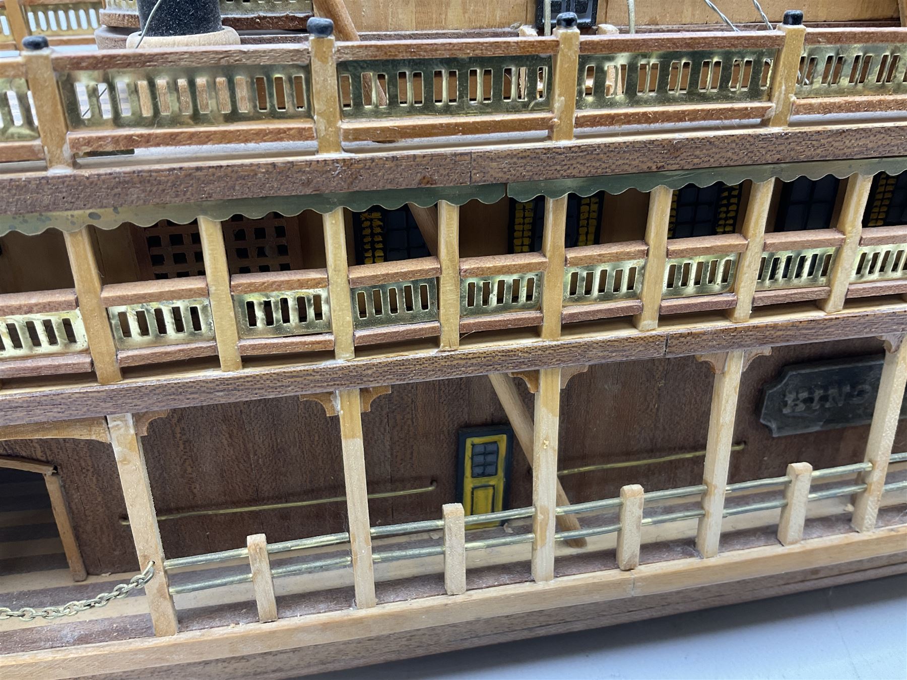 Hand built model of a river paddle steamer 'King of the Mississippi' and a sailing ship with three masts and unfurled sails, largest example H80cm, L101cm