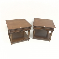  Pair cherry wood side tables, single drawer, turned supports joined by solid undertier, W60cm, H49cm, D60cm  