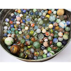 Quantity of vintage glass marbles and bagatelle board, L55cm