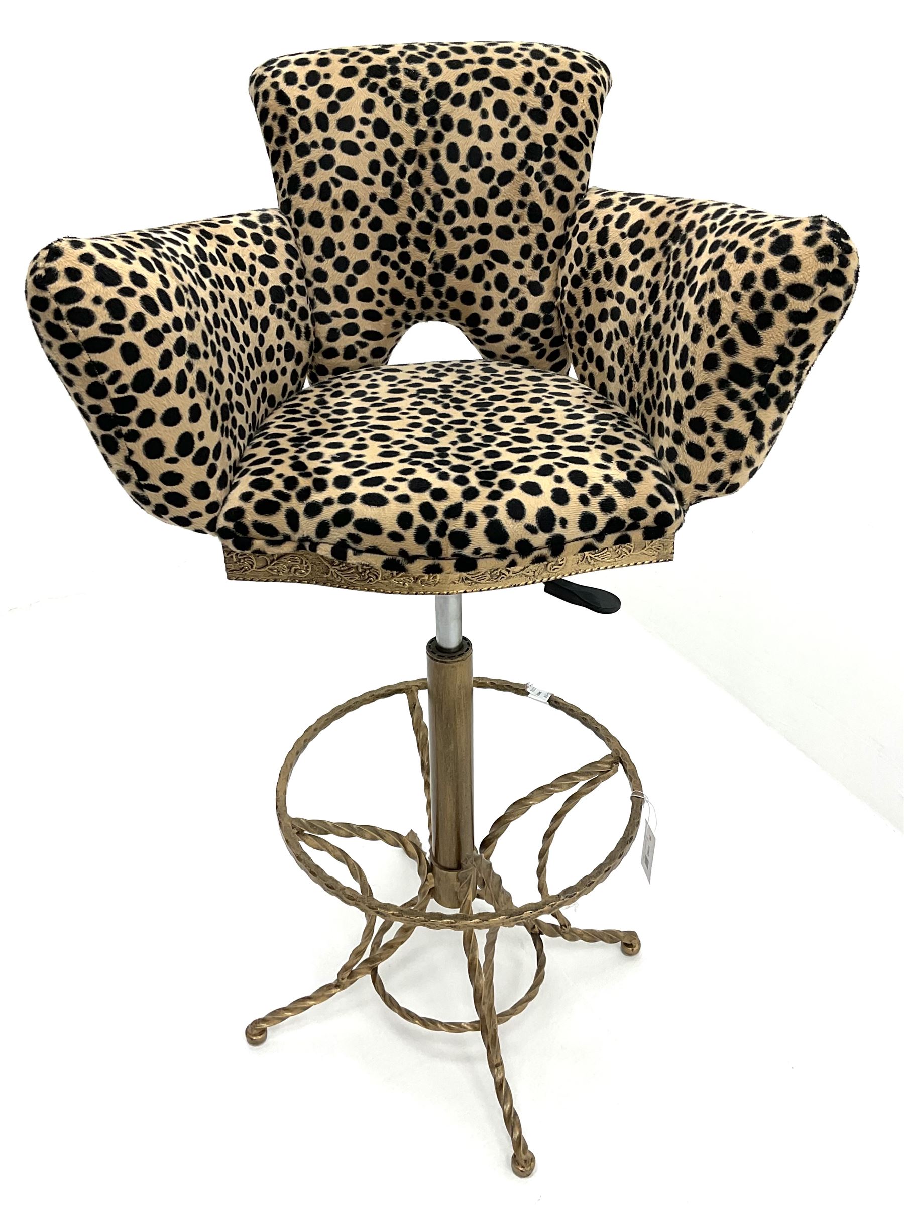 Late 20th century tub shaped bar stool upholstered in leopard print fabric, on gilt finish twisted metal frame, adjustable height, H109cm (max height to back)