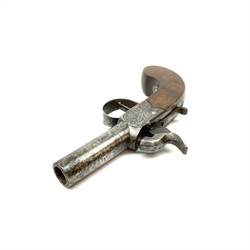 19th century English percussion box lock pocket pistol by Booth Huddersfield with (seized) turn-off barrel, engraved lock, walnut stock and thumb safety L16cm overall