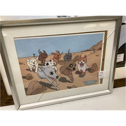 After Pete McKee (British 1966-): Picnic and Going to the Beach, pair colour prints 56cm x 42cm together with cartoon of dogs and five other prints and originals including caricature watercolour of 'Top Tec' (8)