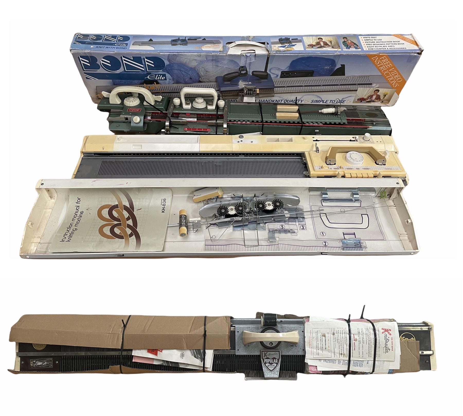 Brother Knitting Machine model KH-836 with instruction manual, Bond Elite Knitting machine, two others: Passap Automatic and knitmaster popular, together with a folding knitting machine table (5)
