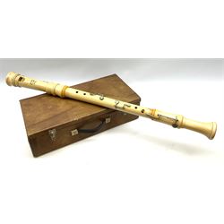 Schott Prelude four-piece bass recorder with nickel crook and mounts L95cm, in scratch-built carrying case