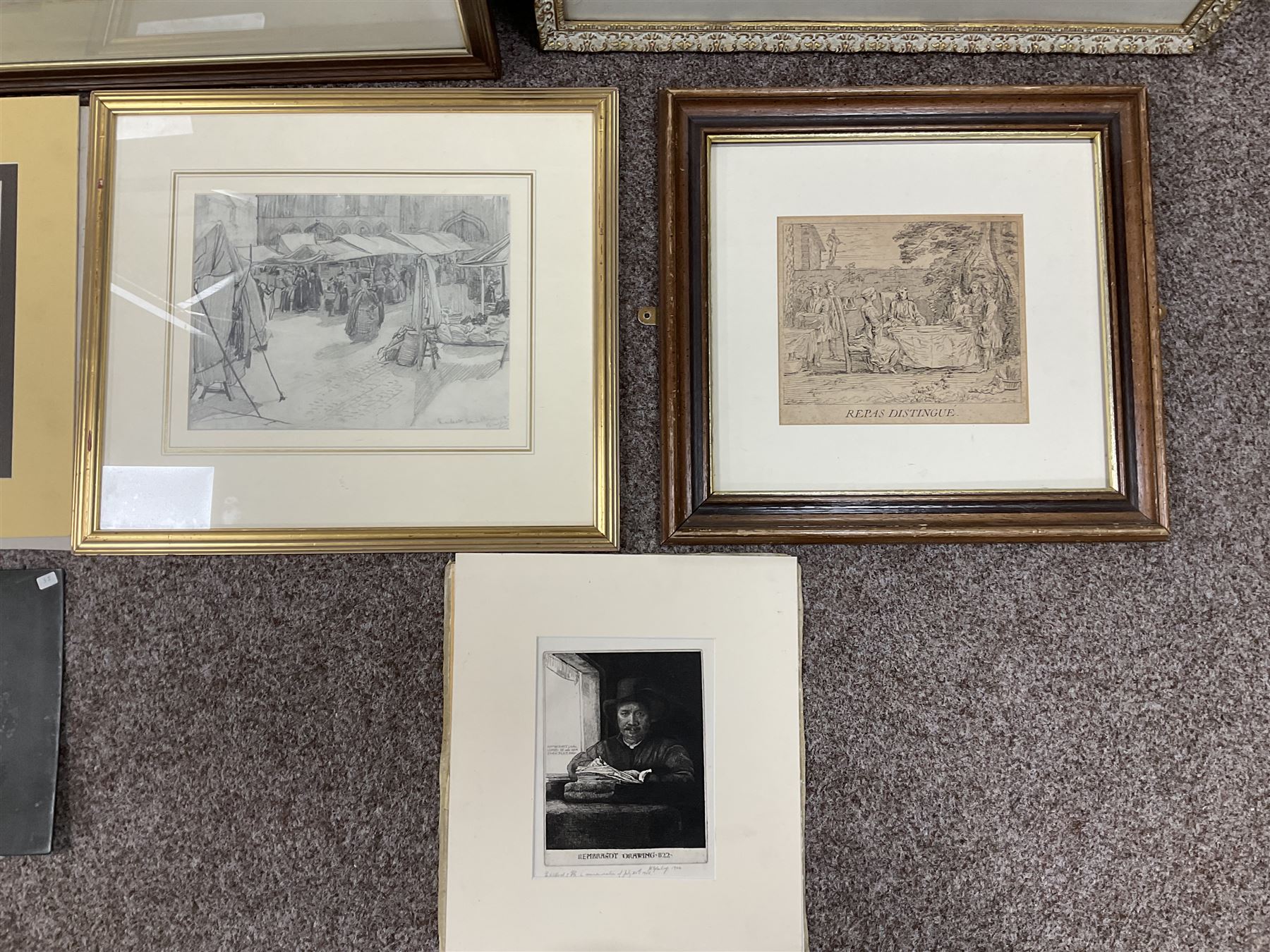 Collection of 19th/20th Century pencil drawings, mixed medias, etchings and prints, to include After Valentin Lefebre (Flemish 1637–1677): 'Landscape with Flute Playing Shepherd' and After Claude Gillot (French 1673-1722): 'Repas Distingue', variously signed titled and framed max 31cm x 43cm (9)