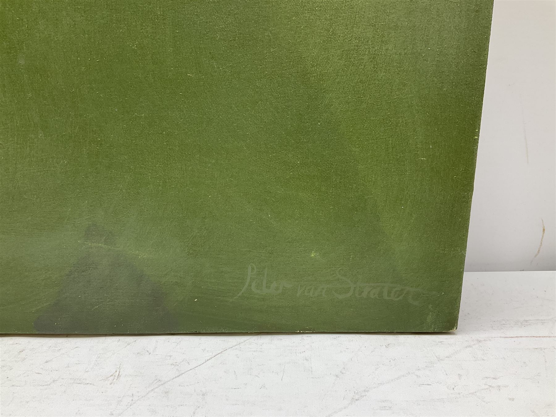 Peter Van Straten (South African 1972-): 'Breast-Stroke' Flying Girl and Terrier, oil on canvas laid on board signed, titled verso 95cm x 139cm (unframed)
Provenance: with Knysa Fine Art, 8 Grey St., Knysa, South Africa, label verso