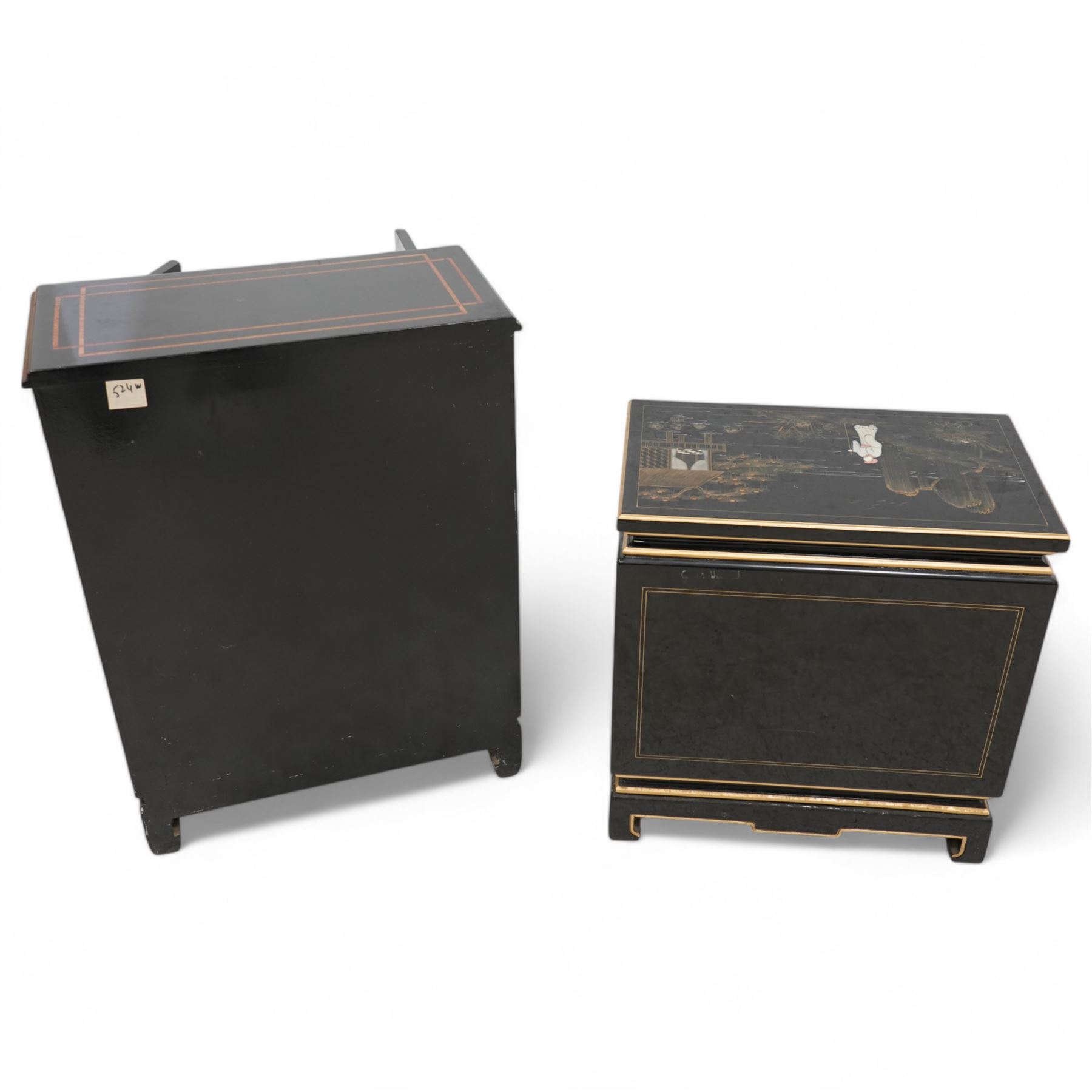 Chinese design black lacquered cupboard, decorated with birds and trailing flowers (W61cm, H81cm, D31cm); together with a similar Chinese design three drawer chest (W57cm, D34cm, H61cm)