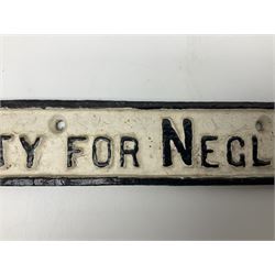 Cast Iron Railway sign,  Penalty For Neglect £2, L52cm