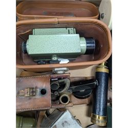 Two dumpy levels including Watts & Son ltd example and a Vickers Instruments example, US Navy bubble sextant, GT Price torch stamped US MX 991/U, 'The Unique' slide rule, three draw telescope and other instruments