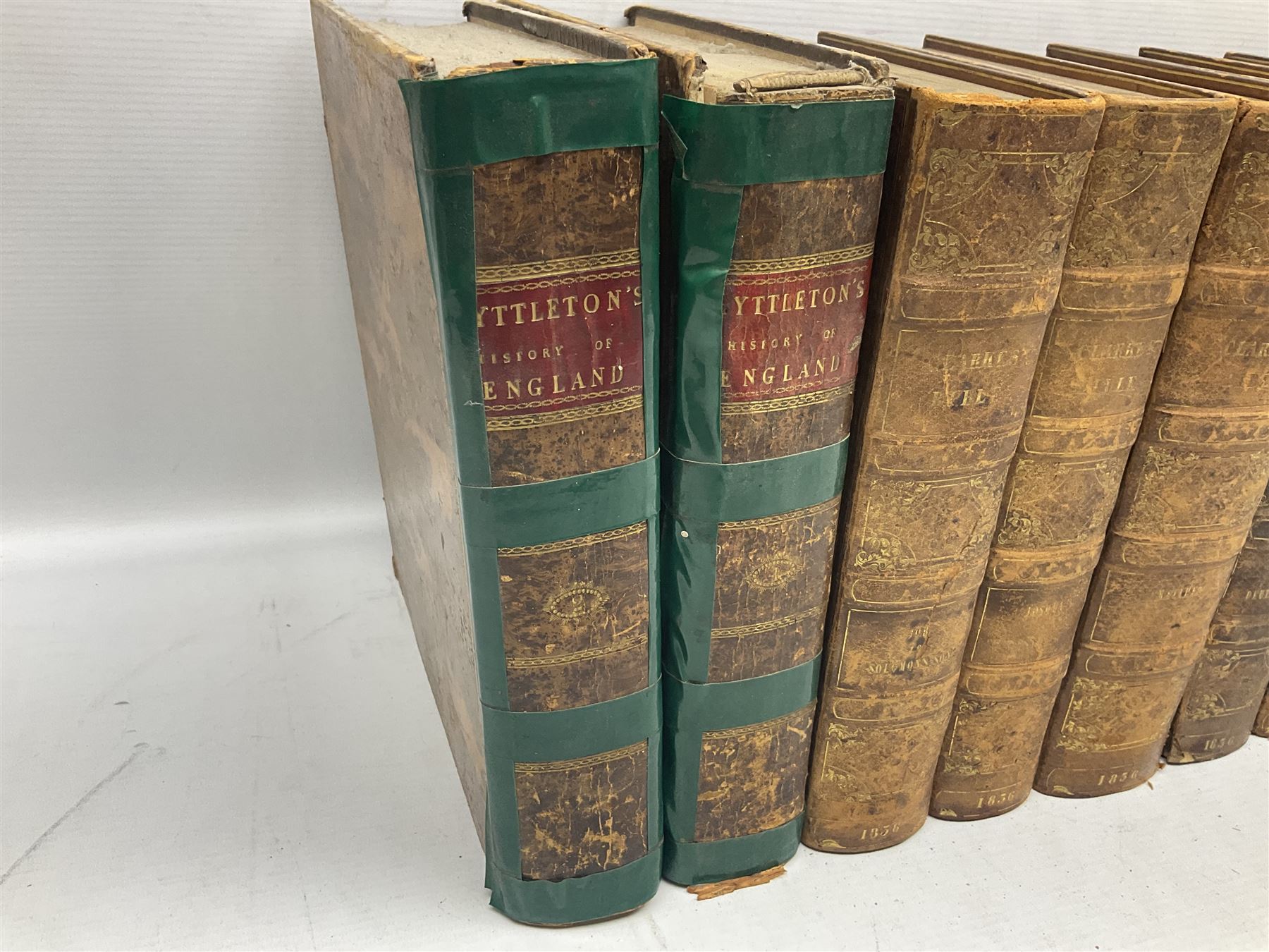 19th century and later leather bound books, to include Froissart, Sir John; Chronicles of England, France, Spain, Portugal, Scotland... two volumes London, 1812, Lyttleton, George: The History of England... two volumes London 1806, Clarke Adams; The Holy Bible, in six volumes, London 1836 and five other books 
