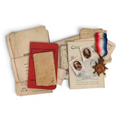 WWI British trio medal set, comprising 1945-15 Star, War medal and Victory medal, awarded to 14188 Pte J T Brunt Ches R, together with medal bar and ephemera relating to  Private John Thomas Brunt, including documentation for military service, gas injury at Ypres, postcards etc 